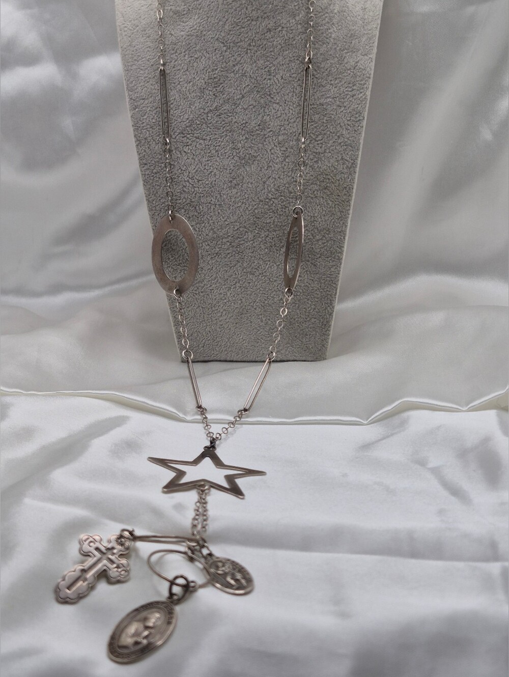 Sterling Silver 60s Star and Medal Charm Long Necklace -